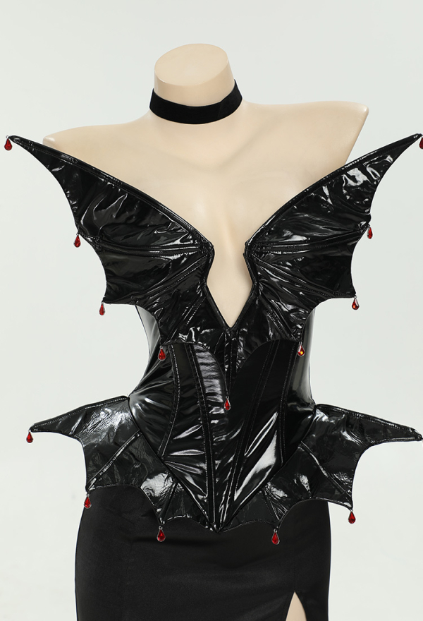 Blood Moon Halloween Gothic Style Bat Corset Top and Slit Skirt with Gloves and Thigh-high Stockings Cosplay Costume