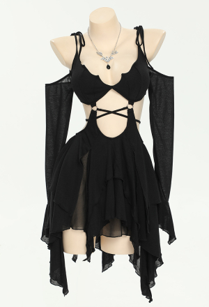 Dark Bat Gothic Dress Black Camisole Cut Out Long Sleeves Dress Irregular Dress with Necklace