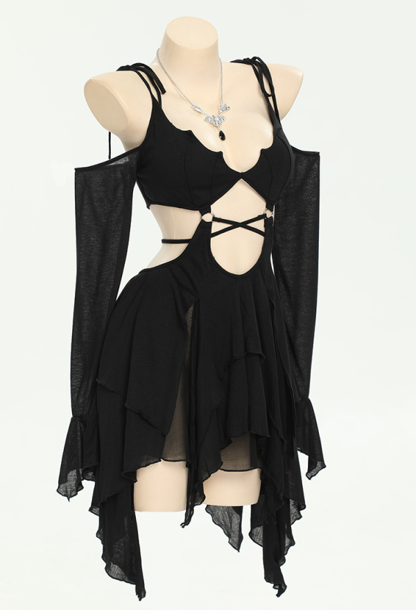 Dark Bat Gothic Dress Black Camisole Cut Out Long Sleeves Dress Irregular Dress with Necklace