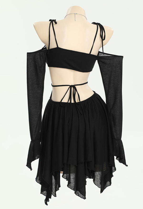 Dark Bat Gothic Dress Black Camisole Cut Out Long Sleeves Dress Irregular Dress with Necklace