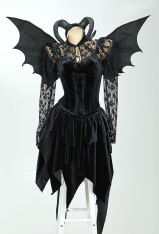 Halloween Gothic Sexy Black Devil Costume Set Lace Top Adjustable Corset with Irregular Skirt and Bat Wings