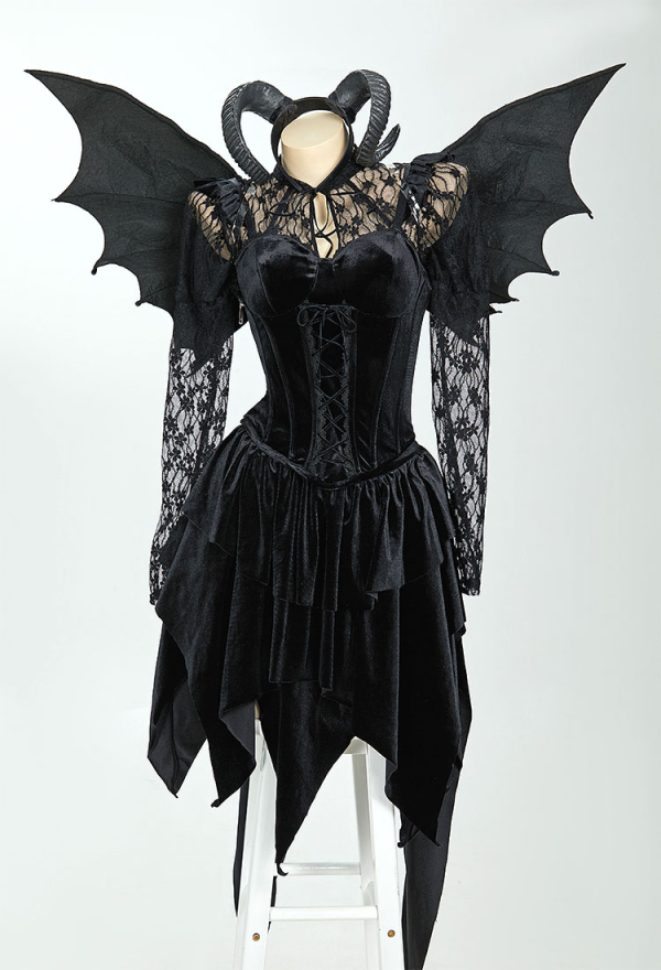 Blood Moon Halloween Gothic Sexy Black Devil Costume Set Lace Top Adjustable Corset with Irregular Skirt and Bat Wings