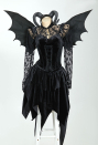 Halloween Gothic Sexy Black Devil Costume Set Lace Top Adjustable Corset with Irregular Skirt and Bat Wings