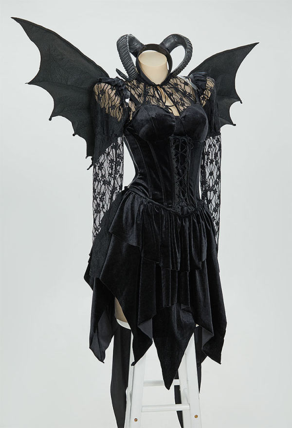 Blood Moon Halloween Gothic Sexy Black Devil Costume Set Lace Top Adjustable Corset with Irregular Skirt and Bat Wings