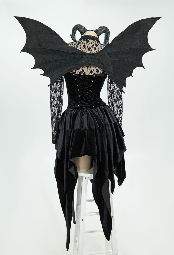 Blood Moon Halloween Gothic Sexy Black Devil Costume Set Lace Top Adjustable Corset with Irregular Skirt and Bat Wings