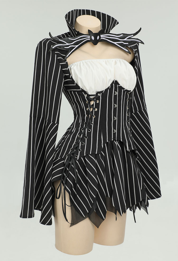 Sweet Nightmare Jack Skellington Style Gothic Costume Long Sleeve Top and Tube Top with Skirt and Gloves