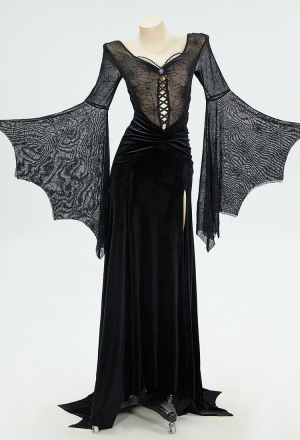 Gothic Style Black Long Dress Spiderweb Style Long Slit Bodycon Dress Costume