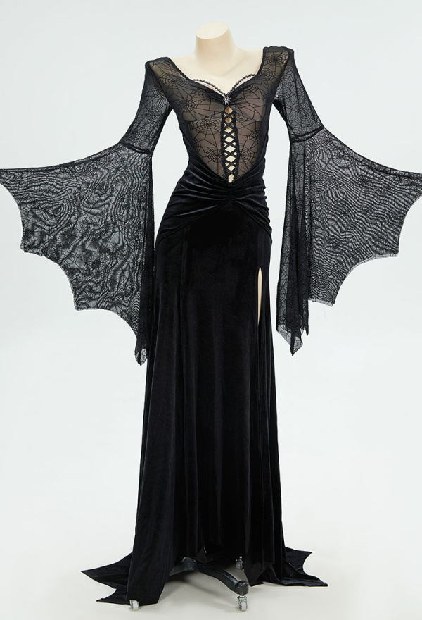 Withered Rose Gothic Style Black Long Dress Spiderweb Style Long Slit Bodycon Dress Costume