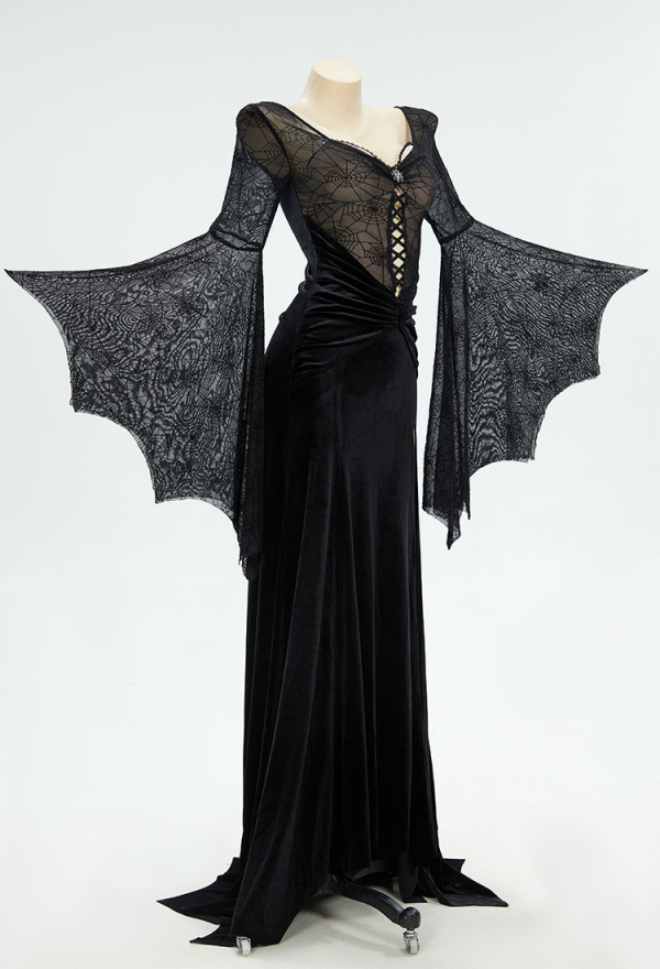 Gothic Style Black Long Dress Spiderweb Style Long Slit Bodycon Dress Costume