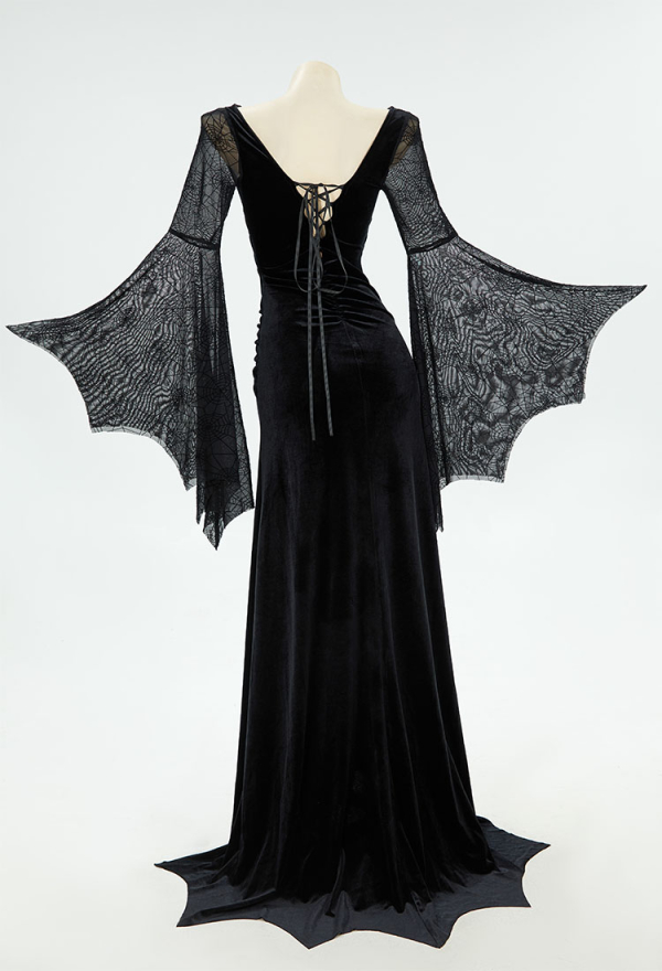 Gothic Style Black Long Dress Spiderweb Style Long Slit Bodycon Dress Costume