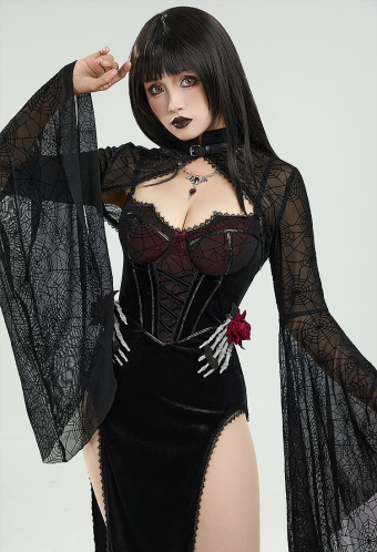 Moonlight Devil Gothic Halloween Dress Black Vampire Slit Dress and Spiderweb Flare Sleeve Cloak with Necklace