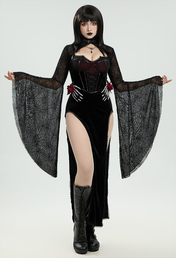 Moonlight Devil Gothic Halloween Dress Black Vampire Slit Dress and Spiderweb Flare Sleeve Cloak with Necklace