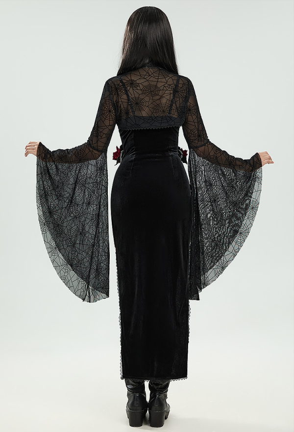 Moonlight Devil Gothic Halloween Dress Black Vampire Slit Dress and Spiderweb Flare Sleeve Cloak with Necklace