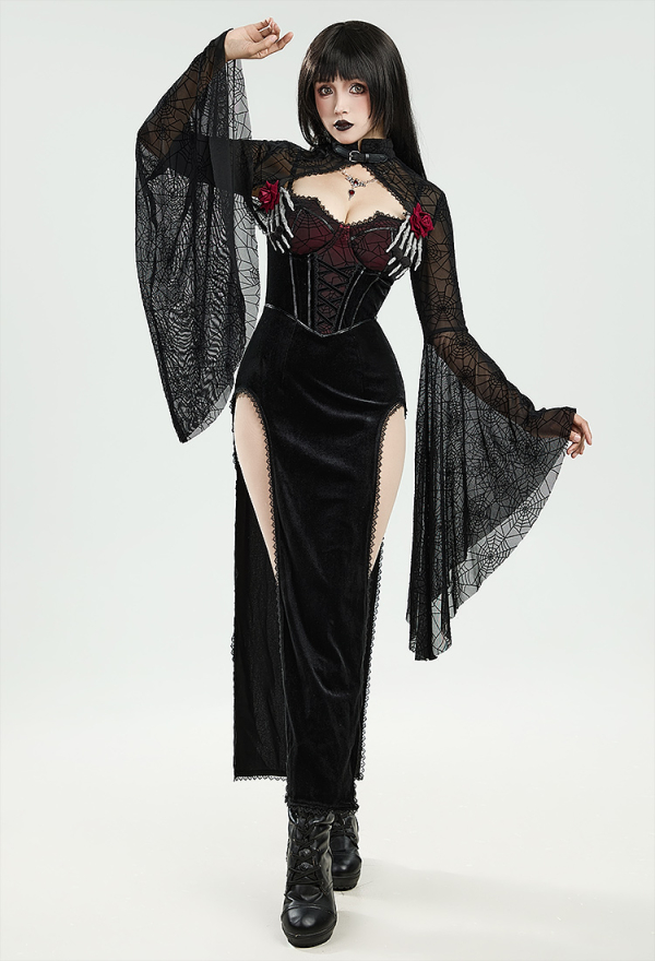 Gothic Halloween Dress Black Vampire Slit Dress and Spiderweb Flare Sleeve Cloak with Necklace