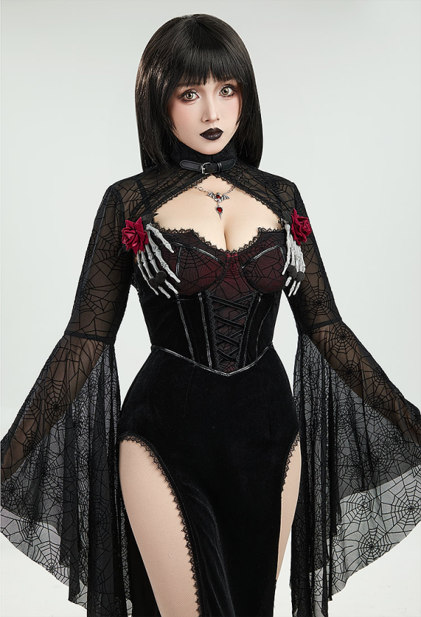 Moonlight Devil Gothic Halloween Dress Black Vampire Slit Dress and Spiderweb Flare Sleeve Cloak with Necklace