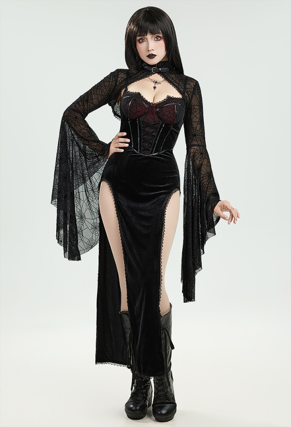 Gothic Halloween Dress Black Vampire Slit Dress and Spiderweb Flare Sleeve Cloak with Necklace