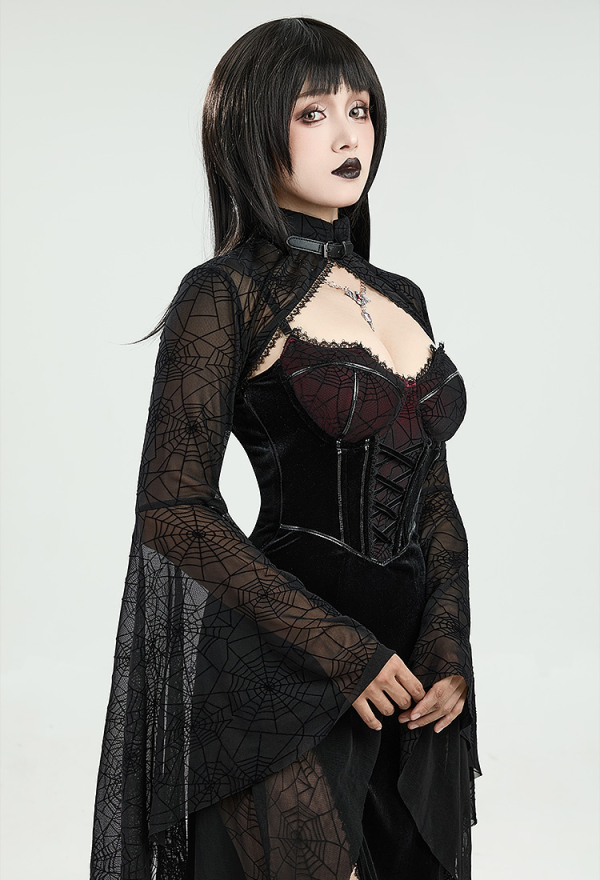 Moonlight Devil Gothic Halloween Dress Black Vampire Slit Dress and Spiderweb Flare Sleeve Cloak with Necklace