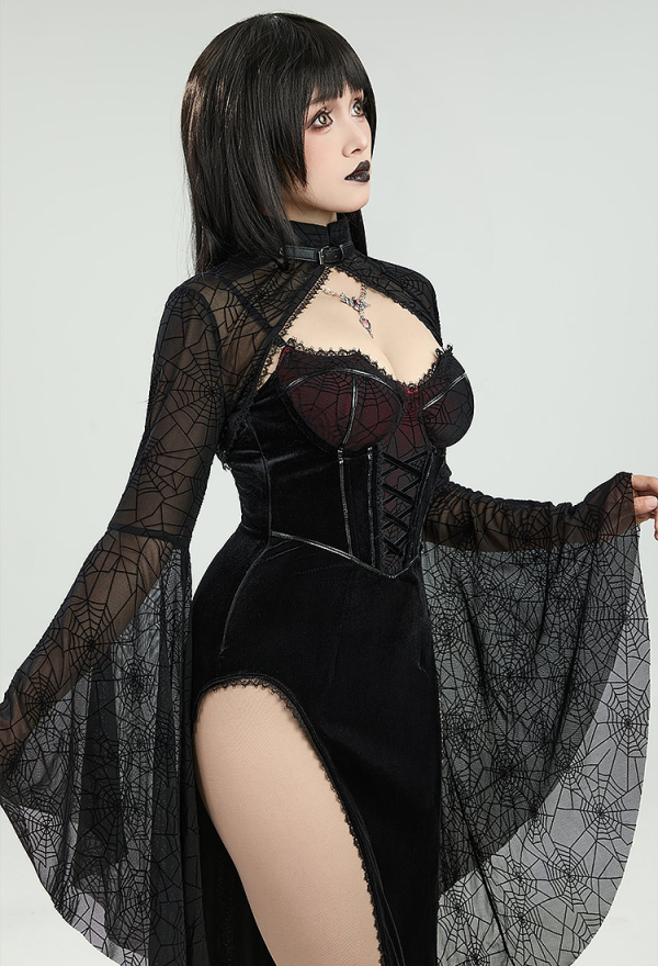 Gothic Halloween Dress Black Vampire Slit Dress and Spiderweb Flare Sleeve Cloak with Necklace