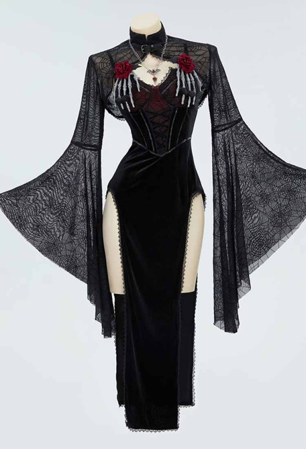 Gothic Halloween Dress Black Vampire Slit Dress and Spiderweb Flare Sleeve Cloak with Necklace