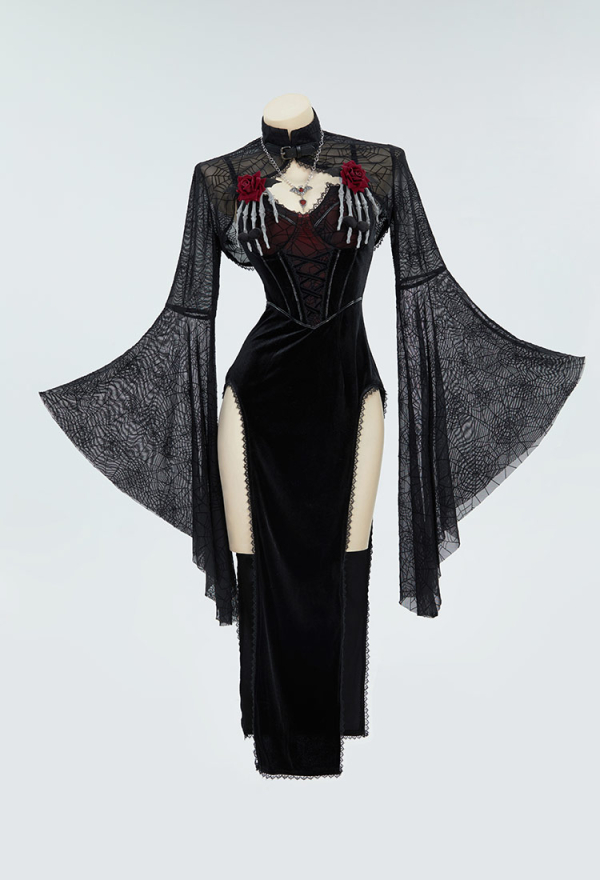 Moonlight Devil Gothic Halloween Dress Black Vampire Slit Dress and Spiderweb Flare Sleeve Cloak with Necklace