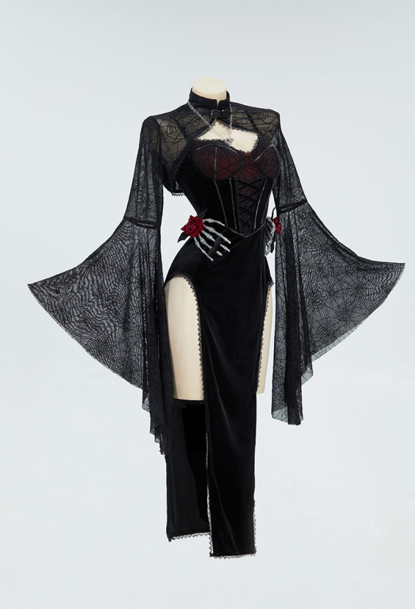 Moonlight Devil Gothic Halloween Dress Black Vampire Slit Dress and Spiderweb Flare Sleeve Cloak with Necklace