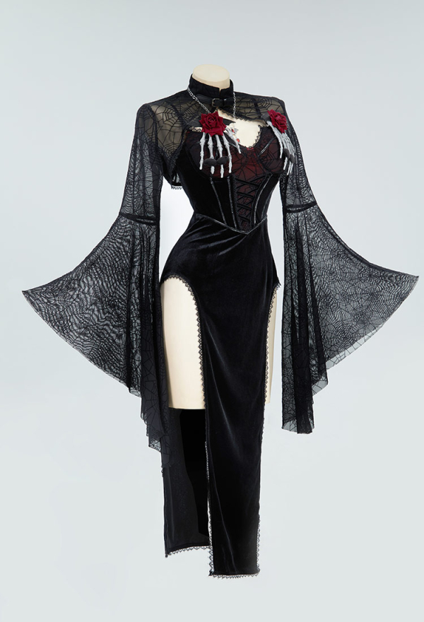 Gothic Halloween Dress Black Vampire Slit Dress and Spiderweb Flare Sleeve Cloak with Necklace