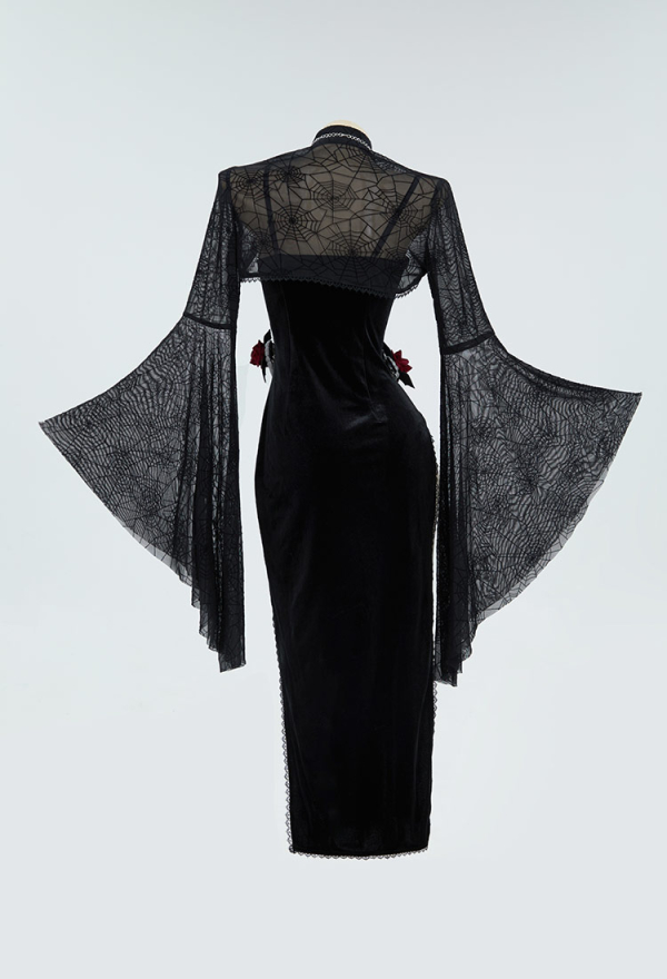 Moonlight Devil Gothic Halloween Dress Black Vampire Slit Dress and Spiderweb Flare Sleeve Cloak with Necklace