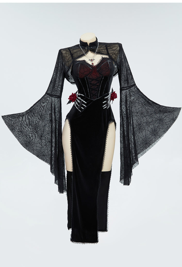 Moonlight Devil Gothic Halloween Dress Black Vampire Slit Dress and Spiderweb Flare Sleeve Cloak with Necklace