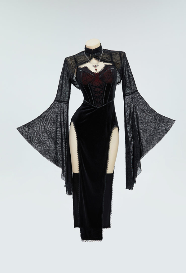 Moonlight Devil Gothic Halloween Dress Black Vampire Slit Dress and Spiderweb Flare Sleeve Cloak with Necklace