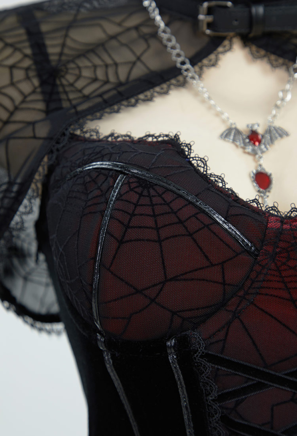 Moonlight Devil Gothic Halloween Dress Black Vampire Slit Dress and Spiderweb Flare Sleeve Cloak with Necklace