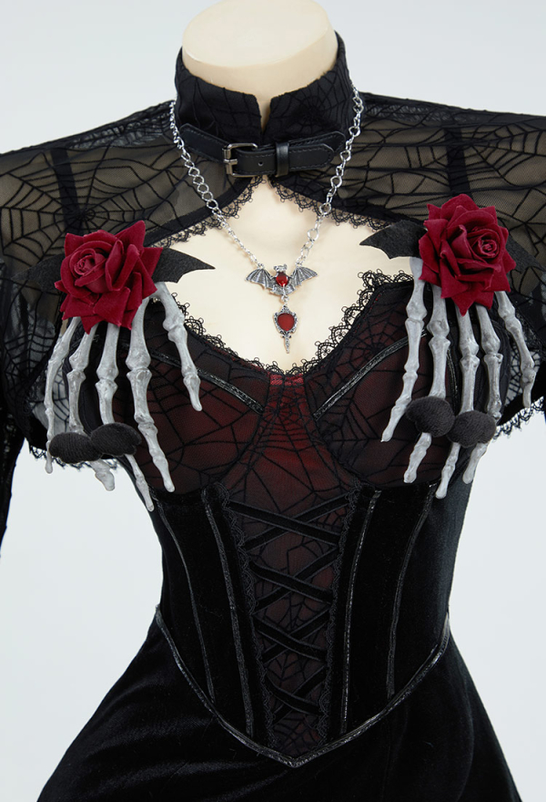 Moonlight Devil Gothic Halloween Dress Black Vampire Slit Dress and Spiderweb Flare Sleeve Cloak with Necklace