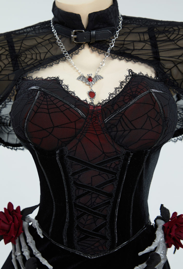 Moonlight Devil Gothic Halloween Dress Black Vampire Slit Dress and Spiderweb Flare Sleeve Cloak with Necklace