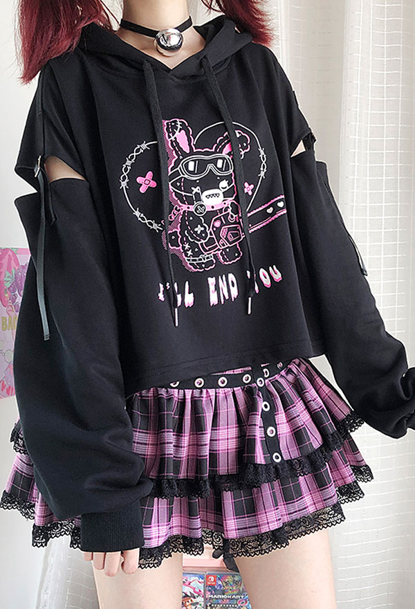 Egirl Jigsaw Rabbit Hollowed Sleeve Hoodie - Kawaii Outfit | Black Mall ...