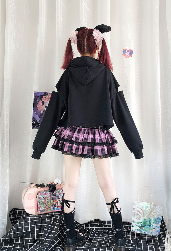 Egirl Jigsaw Rabbit Hollowed Sleeve Hoodie - Kawaii Outfit | Black Mall ...