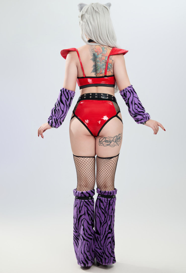 Gothic Sexy Lingerie Set Crop Top and Net Patchwork Shorts with Headband and Belt