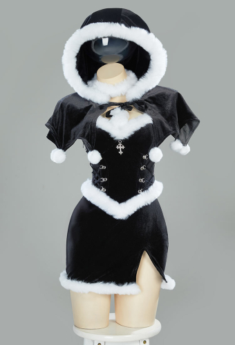 Christmas Gothic Black Dress Set Dark Witch Style Furry Dress with Cloak Hat Gloves