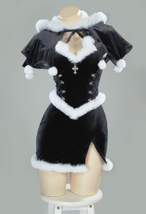 Christmas Gothic Black Dress Set Dark Witch Style Furry Dress with Cloak Hat Gloves