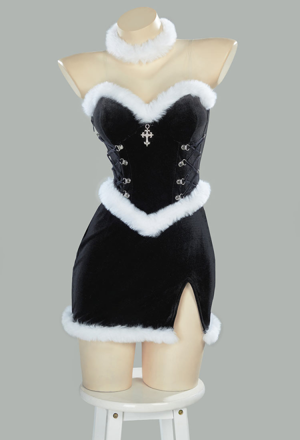 Christmas Gothic Black Dress Set Dark Witch Style Furry Dress with Cloak Hat Gloves