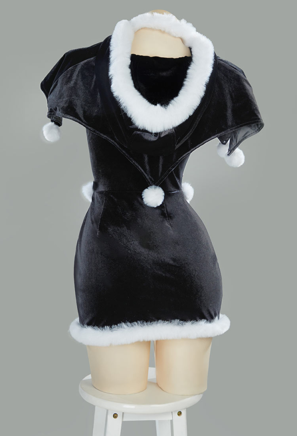 Christmas Gothic Black Dress Set Dark Witch Style Furry Dress with Cloak Hat Gloves