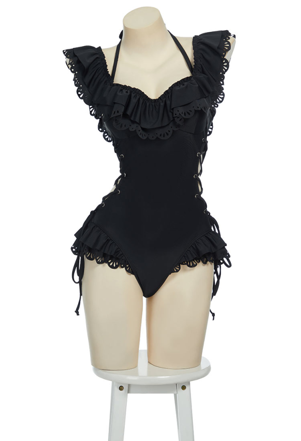 Gothic Black Victorian Swimwear Vintage Style Bathing Suit Cross Lace-up Ruffle One Piece Swimsuit