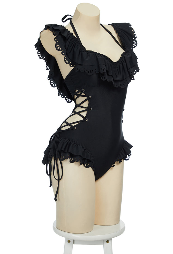 Gothic Black Victorian Swimwear Vintage Style Bathing Suit Cross Lace-up Ruffle One Piece Swimsuit