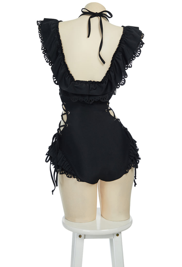 Gothic Black Victorian Swimwear Vintage Style Bathing Suit Cross Lace-up Ruffle One Piece Swimsuit