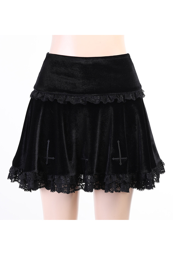 Gothic Punk Skirt – Gothic Bottom Outfit | Black Velvet Lace Ruffle ...