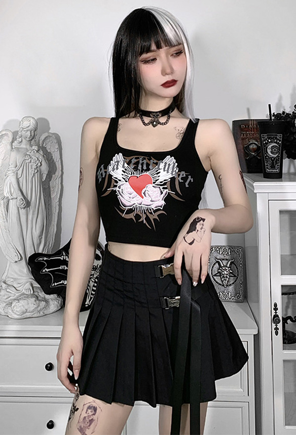 Woman's E-girl Gothic Navel Slim Cami Top Y2K Style Love Wings Printed Sleeveless Camisole Crop Top