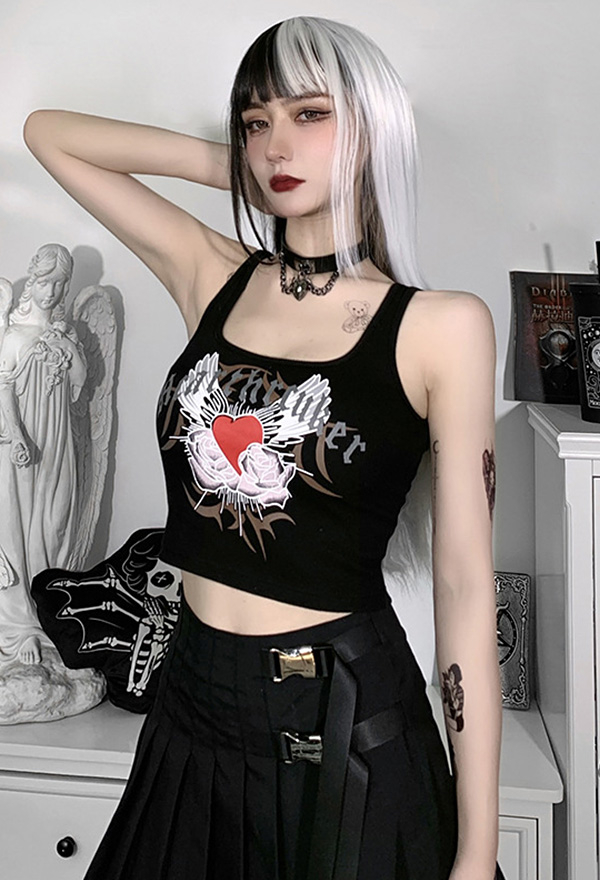 Woman's E-girl Gothic Navel Slim Cami Top Y2K Style Love Wings Printed Sleeveless Camisole Crop Top