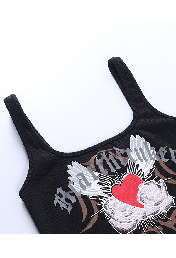 Woman's E-girl Gothic Navel Slim Cami Top Y2K Style Love Wings Printed Sleeveless Camisole Crop Top