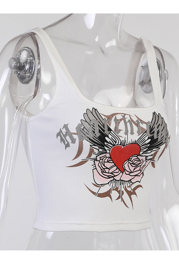 Woman's E-girl Gothic Navel Slim Cami Top Y2K Style Love Wings Printed Sleeveless Camisole Crop Top