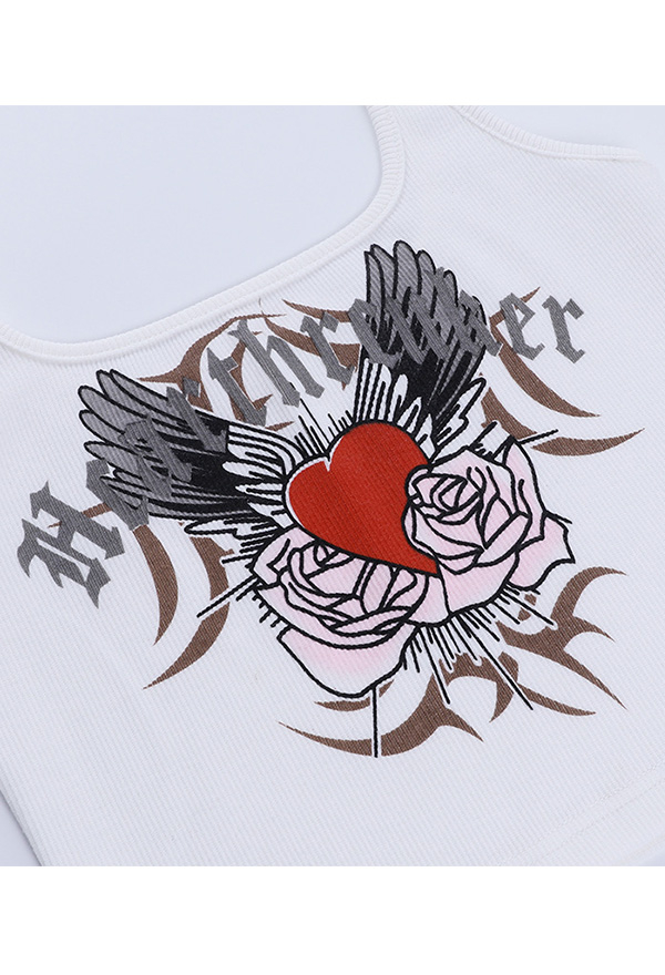 Woman's E-girl Gothic Navel Slim Cami Top Y2K Style Love Wings Printed Sleeveless Camisole Crop Top