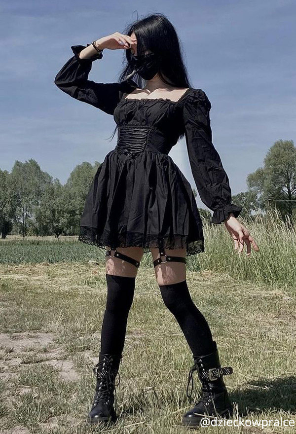 Women Grunge Outfit Stylish Long Puff Sleeve Mini Dress – Gothic Dress   Gothic Mall Goth Polyester High Waist Front Strap Lace Hem Dress in Stock.