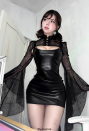 Gothic Party Girl Retro Cocktail Mini Dress Black PU Leather Club Bodycon Cami Dress With Lace Shrug